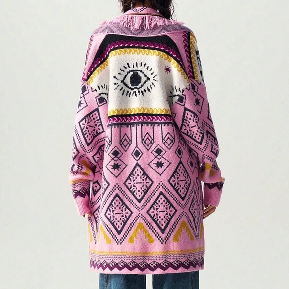 Cozy Pink Blessed Eye Geo Print Fringe Open Front Cardigan - Picture 3 of 6